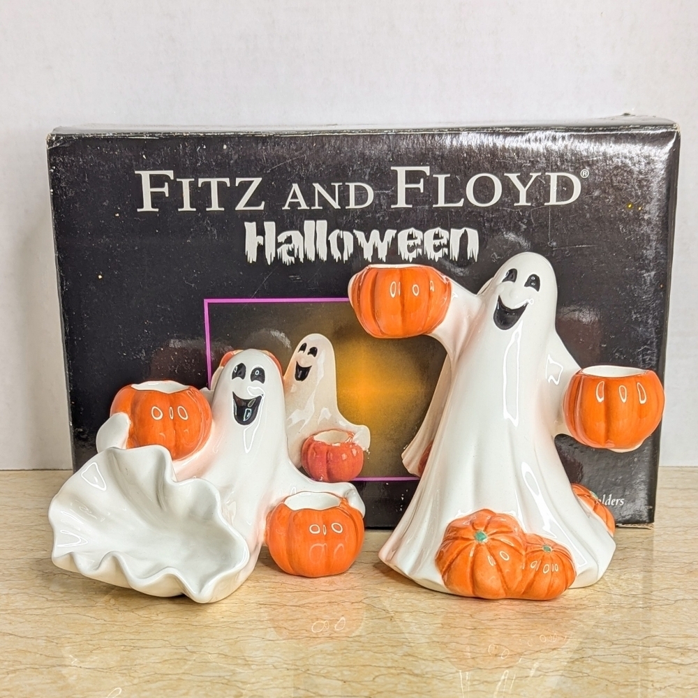 Vintage Fitz & Floyd Halloween Pair Ceramic Candle Holder Ghost Pumpkin Figurine - Picture 15 of 15